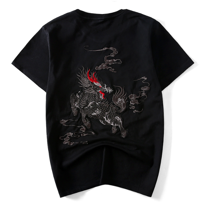 Chinese Style Kylin Embroidery Half Sleeve T shirt