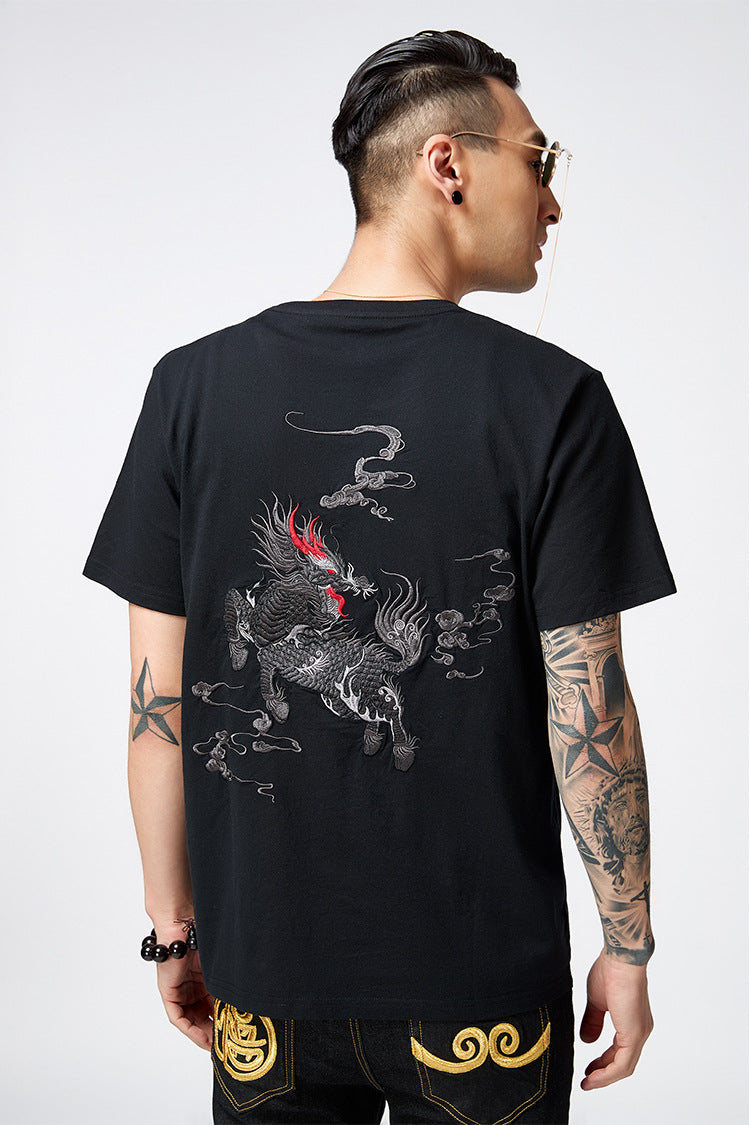 Chinese Style Kylin Embroidery Half Sleeve T shirt