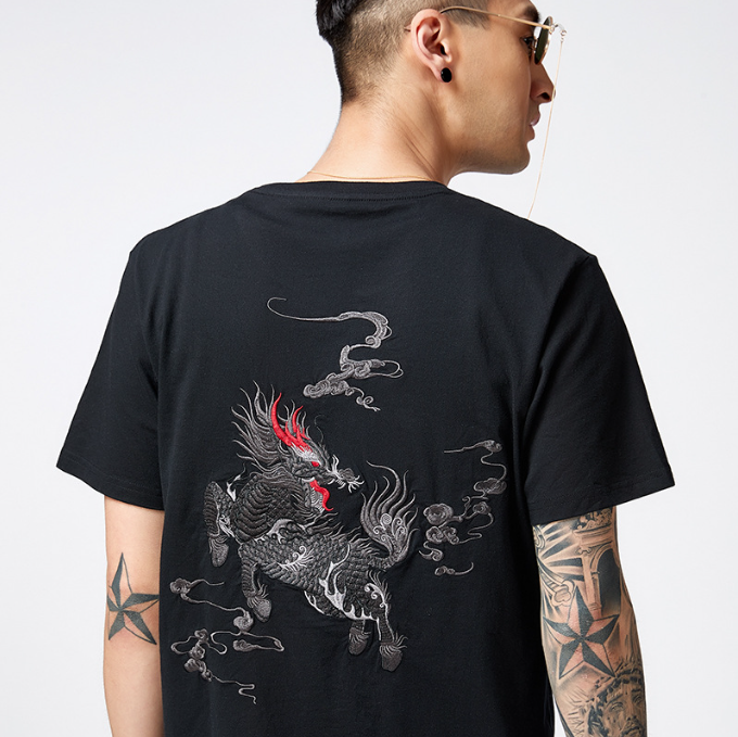 Chinese Style Kylin Embroidery Half Sleeve T shirt