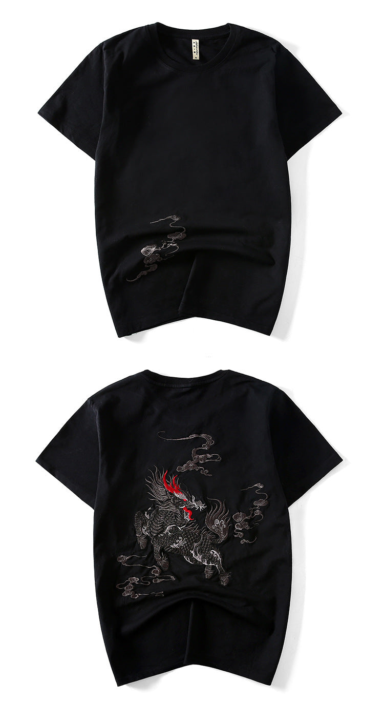 Chinese Style Kylin Embroidery Half Sleeve T shirt